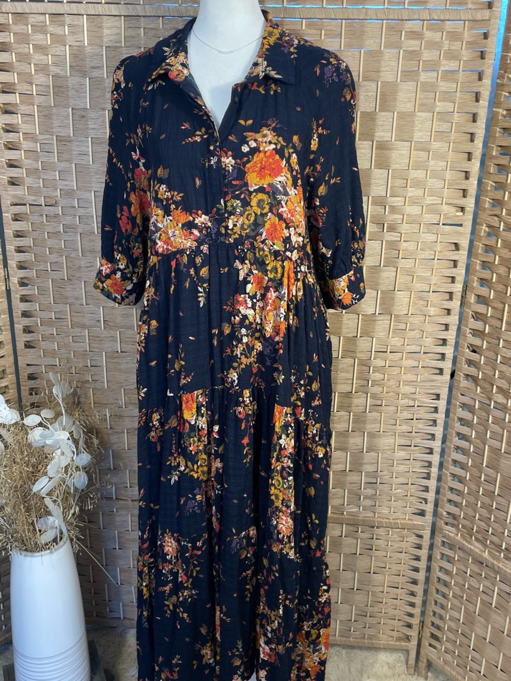 Navy Blue Natural Life Floral Maxi Dress Soft and Flowy! Large